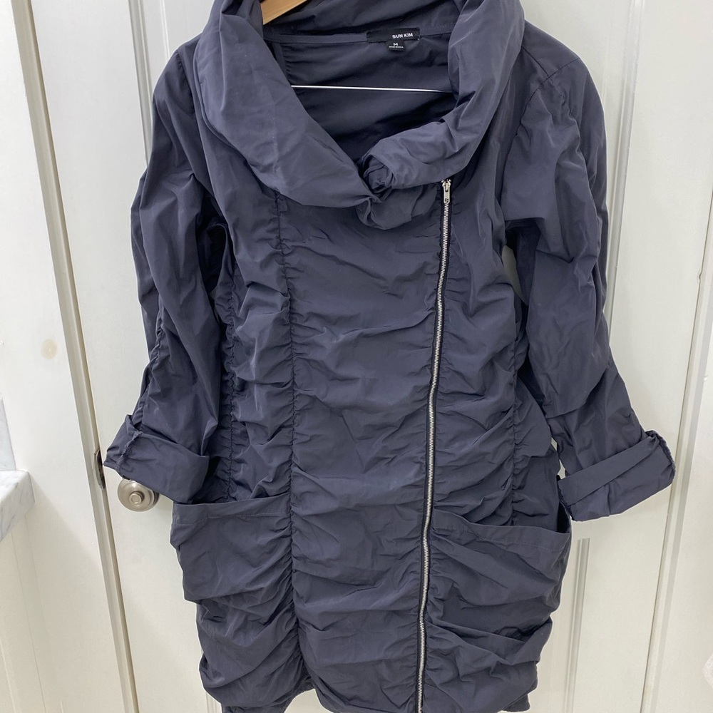 SUN KIM Ruched Asymmetrical Coat, dark grey, deep pockets, size M, so cute!